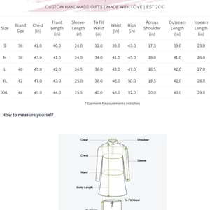 May include: A product size chart with measurements in inches for various sizes, including chest, front length, and sleeve length. The chart also includes a diagram illustrating how to measure yourself for clothing.
