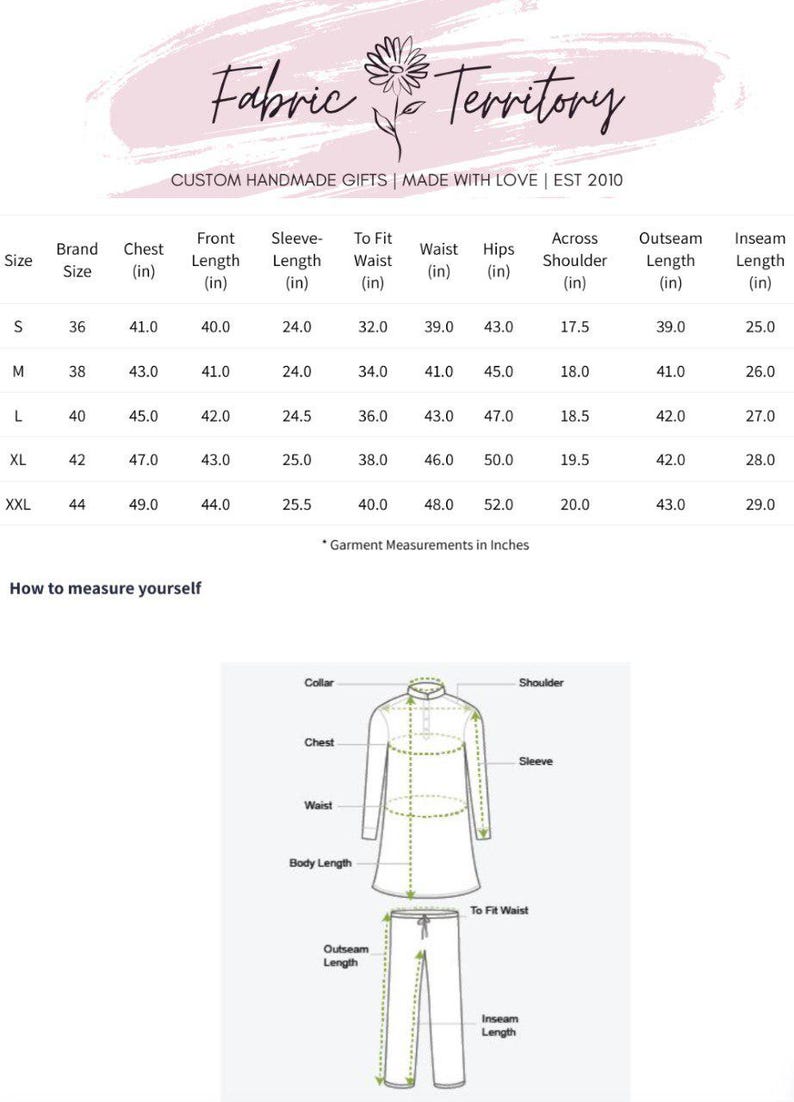 May include: A product size chart with measurements in inches for various sizes, including chest, front length, and sleeve length. The chart also includes a diagram illustrating how to measure yourself for clothing.