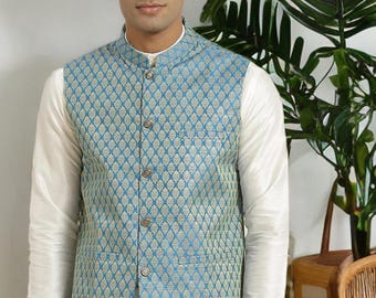 Blue Gold Jacquard Nehru Jacket, Woven Silk Modi Vest, Wedding Groom Waistcoat