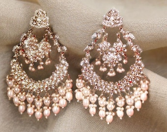 Gouden Chandbali-oorbellen, Kundan Indian Bridal, Pakistaanse Jhumka-druppelstijl