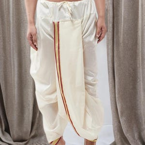 Off White Dhoti Men, Stitched Silk Blend, Zari Border Drawstring Ethnic Free Size