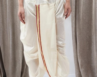Off White Dhoti Men, Stitched Silk Blend, Zari Border Drawstring Ethnic Free Size