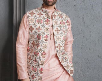 Off White Nehru Jacket Men, Printed Cotton Linen, Mandarin Collar Sleeveless Jacket