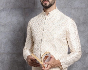 Krämfärgad Nehru-jacka herr, broderad mandarinkrage, ärmlös jacquard-sidenjacka