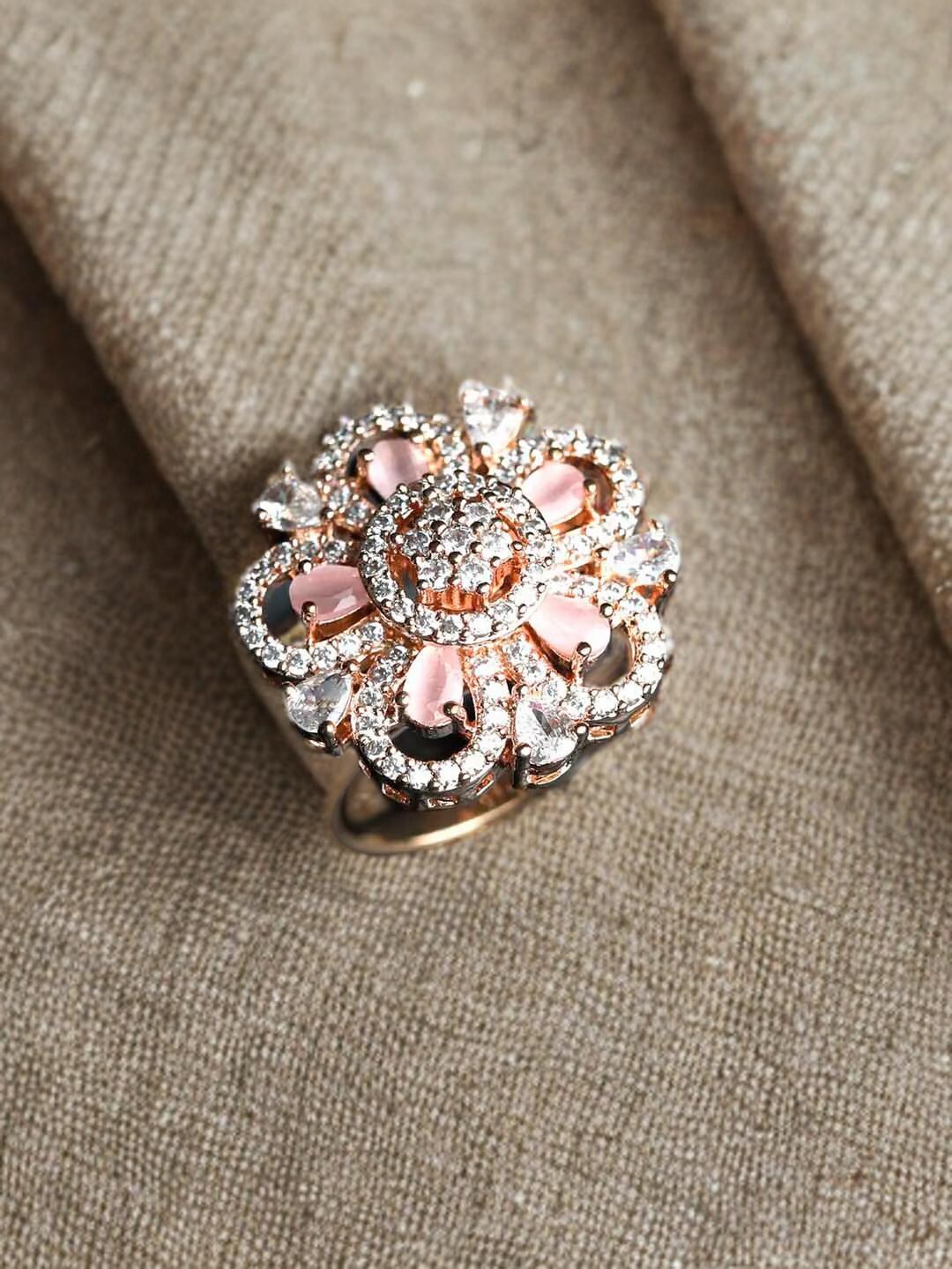 Rose Gold AD Ring, Pink White Indian Bridal, Ethnic Wedding Statement ...