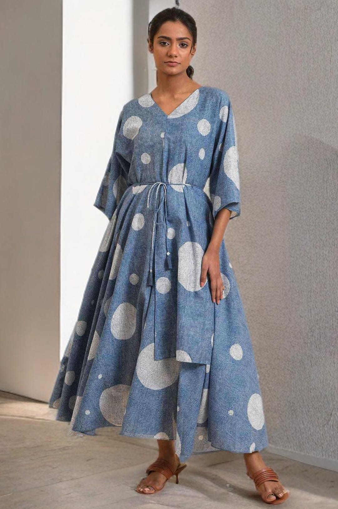 Blue Polka Dot Dress, Cotton Voile, V-neck Kimono Sleeve