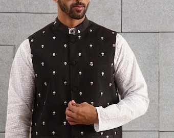 Svartvit Nehru-jacka herr, broderad mandarinkrage, ärmlös jacka i sidenblandning