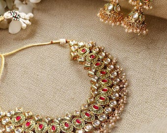 Pink Green Gold Plated Pearl Beaded Necklace Earrings Set