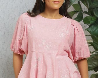 Top peplo floreale rosa, maniche a sbuffo ricamate, camicetta in cotone cottagecore