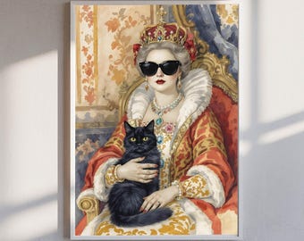 Funny Cat Queen Renaissance Art Print | Royal Cat Lady Poster (Digital Download)