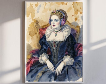 Gothic Queen Wall Art | Dark Royal Portrait | Headphones Digital Poster | Instant Download