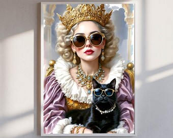 Funny Queen and Cat Art Print | Renaissance Digital Poster
