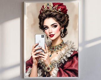 Queen Selfie Wall Art | Funny Woman on Throne Digital Poster | Sassy Royal Printable