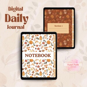Peut inclure: Deux journaux quotidiens numériques sur tablettes. Les journaux présentent un design sur le thème de l'automne avec des citrouilles, des feuilles et des fleurs dans des tons orange, marron et crème. Un journal affiche le mot « NOTEBOOK » et l'autre « Section 1 ». Le fond est beige clair.