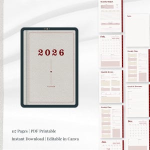 Peut inclure: Un agenda numérique pour 2026 avec une couverture crème et des accents bordeaux. La couverture affiche l'année "2026" et le mot "PLANNER". Des pages supplémentaires incluent des budgets mensuels, des plans hebdomadaires et des modèles de fixation d'objectifs.