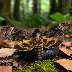 May include: A striking Death's-head Hawkmoth, its wings adorned with detailed patterns, resting on a dark object. The moth's wings showcase brown, black, and yellow tones. The backdrop is a blurred forest with green leaves and fallen brown leaves.