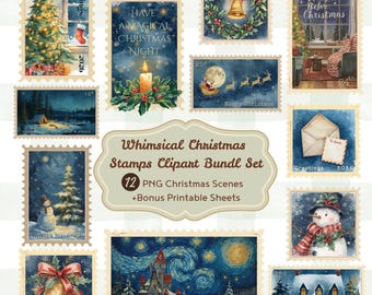 Whimsical Christmas Stamps Clipart Bundle – 12 PNG Scenes + Bonus Printable Sheets (Digital Download)