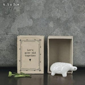 Puede incluir: Una pequeña caja de cerillas abierta junto a una caja cerrada con el texto "Let's grow old together" y una figura de tortuga de cerámica blanca. La caja cerrada mide 4,5 x 3 cm.