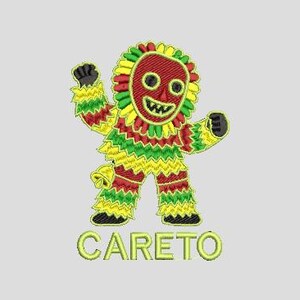 Op de afbeelding: Geborduurde patch met een Careto-figuur, een traditioneel personage uit Portugal. De figuur heeft een rood masker, een geel en groen kostuum en zwarte handschoenen en schoenen. Het woord "CARETO" is eronder geborduurd.