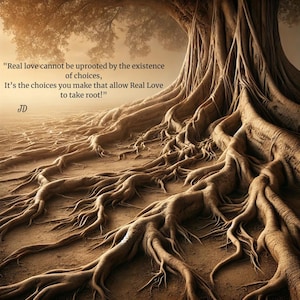 May include: An artistic digital image of a tree with exposed roots and the text "Real love cannot be uprooted by the existence of choices, It's the choices you make that allow Real Love to take root!" in white. The image is in sepia tones.