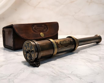 Cadeau d'anniversaire pour lui, lunette télescope en laiton gravé personnalisée, cadeau romantique pour mari, cadeau nautique avec étui en cuir