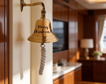 Personalized Engraved Brass Bell - Wall Mounted Solid Brass Bell - handcrafted Christmas Door Bell Chime - Custom Engraved Gift