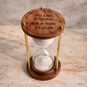 Custom Engraved Sand Timer - 5 Minute Brass & Wood Hourglass - Handcrafted Rustic Finish - Personalized Gift