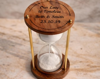 Custom Engraved Sand Timer - 5 Minute Brass & Wood Hourglass - Handcrafted Rustic Finish - Personalized Gift