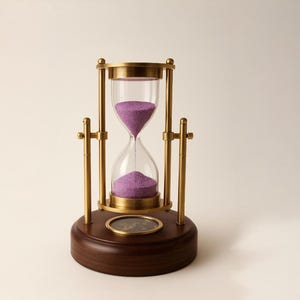 Op de afbeelding: Een zandloper met een heldere glazen kamer gevuld met paars zand. De zandloper wordt ondersteund door een messing frame en een donkere houten basis. Het ontwerp is klassiek en elegant, geschikt voor woondecoratie of als bureauaccessoire.