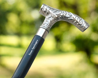 Handcrafted Wooden Walking Stick | Engraved Spiral Hiking Staff, Brass Handle Cane