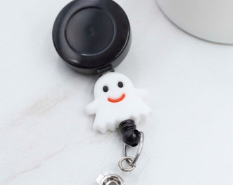 Beaded Ghost Badge Reel, Halloween Beaded Badge Reel, Fall Ghost ID Holder, Teacher Badge Reel, Modern Badge Reel with Beads for Halloween