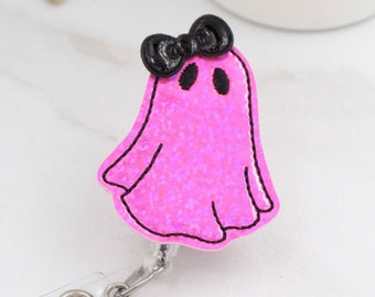 Pink Glitter Ghost Badge Reel Nurse, Vinyl Interchangeable Badge Reel Topper for Halloween, Boho Ghost Nurse Badge Reel Hot Pink Glitter