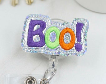 Halloween Badge Reel Nurse, Interchangeable Badge Reel Topper, ID Holder, Coworker Gift, Teacher Lanyard, BOO Glitter Vinyl Retractable Reel