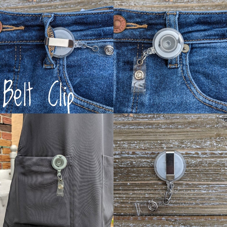 May include: A clear plastic belt clip with a retractable badge reel attached to denim jeans. The badge reel is round with a white center. The text "Belt Clip" is written in white cursive. The clip is also shown attached to a pocket.