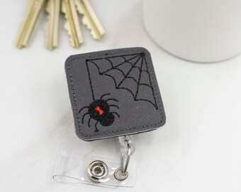 Halloween Spider Badge Reel Nurse, Spooky ID Holder, Glitter Vinyl Interchangeable Badge Reel, Teacher Appreciation Gift, Black Widow Spider