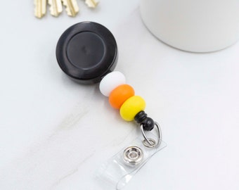 Halloween Badge Reel with Beads, Candy Corn Nurse Badge Reel, Bulk Halloween Gift for Nurses, Teacher Back to School ID Holder, Beaded Badge
