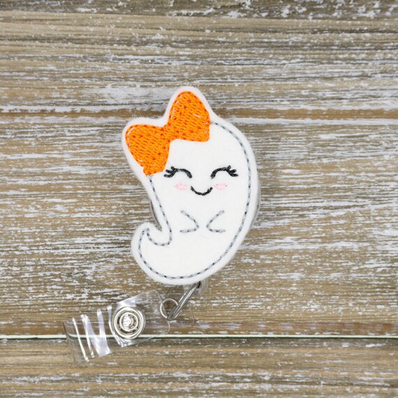 Halloween Flower Ghost Badge Reel - Sparkly Glitter Retractable ID Holder For Nurses, Teachers, Medical Staff
