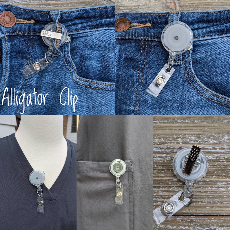 May include: Clear badge reel with an alligator clip, shown attached to clothing. The reel has a retractable cord and a clear plastic strap with a snap closure. The text "Alligator Clip" is visible in the image.