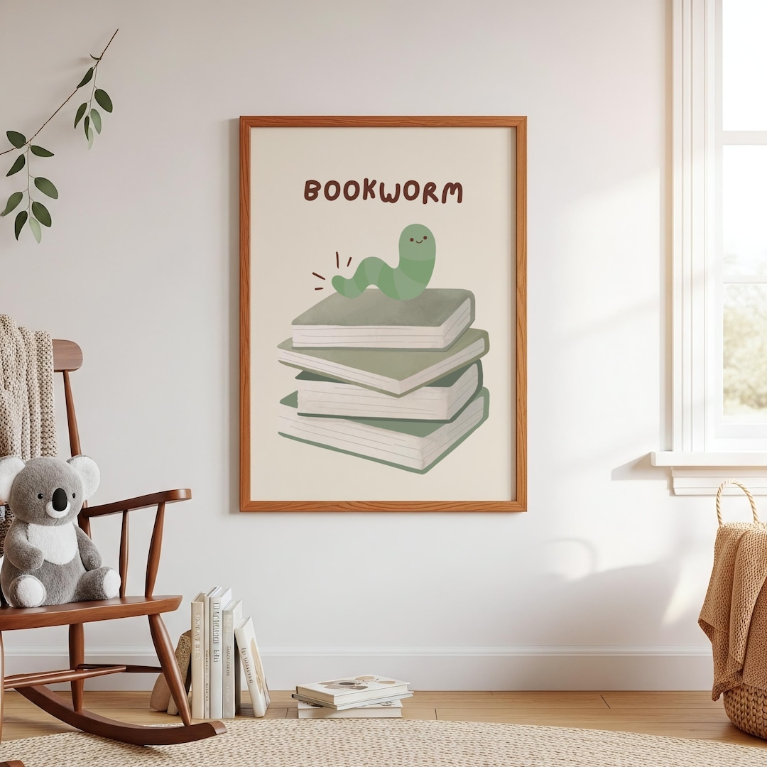 Bookworm Wall Art Print Digital Download Illustration Reading Theme ...