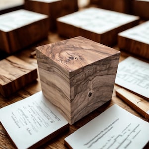 Puede incluir: Un gran bloque de madera cuadrado con un patrón de vetas naturales. Varios bloques de madera más pequeños y papeles con texto impreso están dispuestos alrededor del cubo central. La madera tiene un tono marrón cálido.