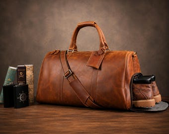 Personalized Full Grain Leather Duffel Bag | Men's Weekend Travel Luggage, Shoe Compartment