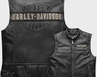 Gilet da motociclista in pelle Harley-Davidson: gilet da motociclista in pelle di mucca ricamata