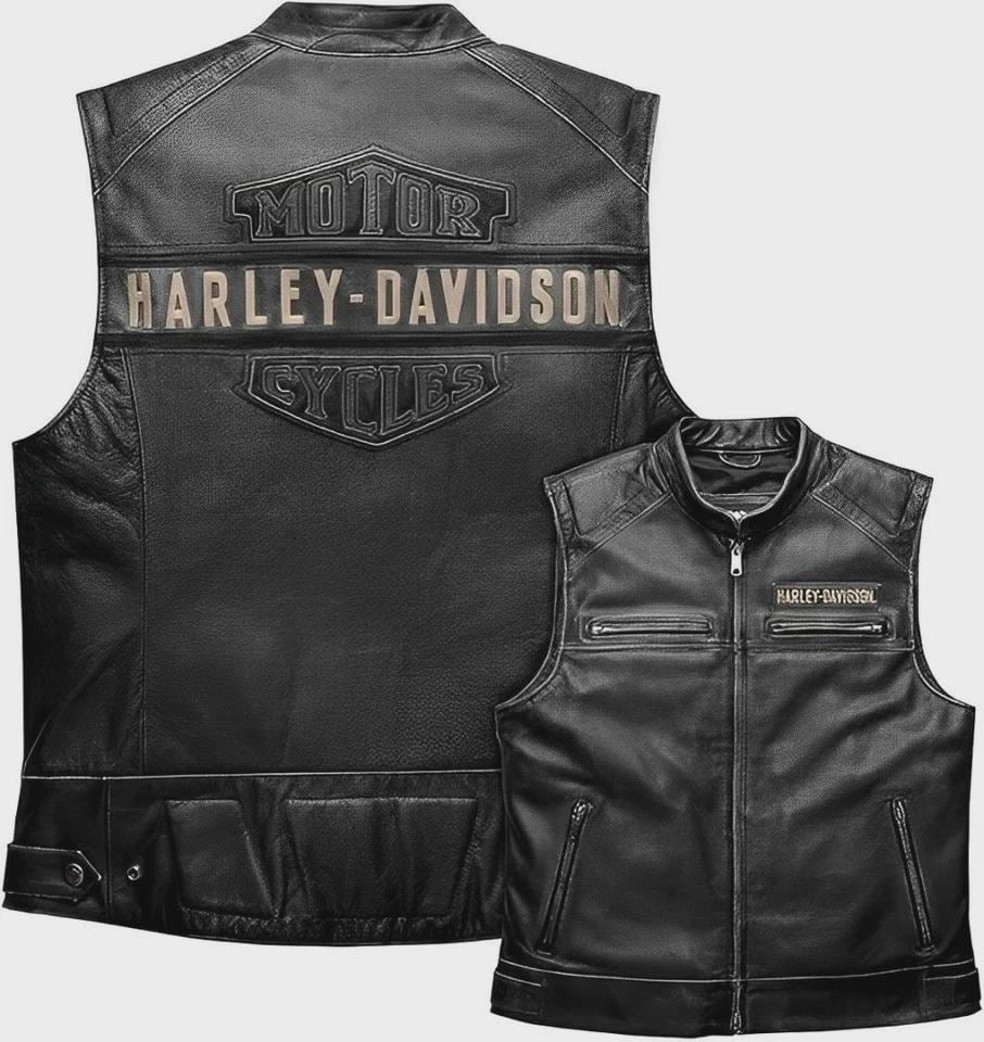 Harley-DavidsonレザーベストMCバックパッチバイカー ハーレー本革 ハーレーダビッドソン レザーバイカーベスト：刺繍入り牛革モーター