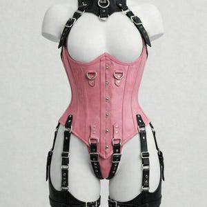 Gothic Blush Pink Strappy Lingerie Set | Adjustable Leather Corset
