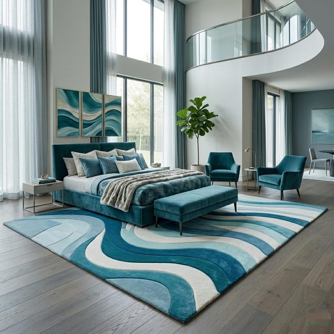 Abstract Blue Wave Hand Tufted Rug | 100% Wool | Modern Bedroom Area ...