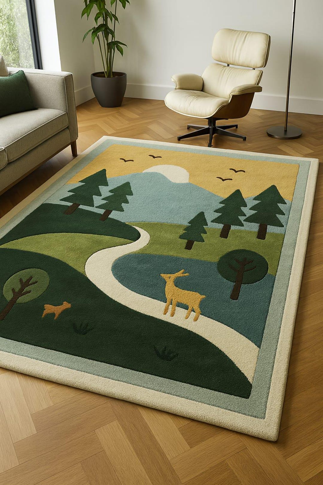 Forest Throw Rug Hand-tufted Wool Area Rug, Modern Forest Landscape, Deer Nursery Decor ...