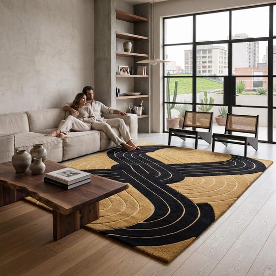 Handgetufteter Teppich, Wollteppich, Luxusteppich fürs Wohnzimmer, modernes geometrisches Design, hochwertiger weicher Bodenbelag, moderne Wohnaccessoires
