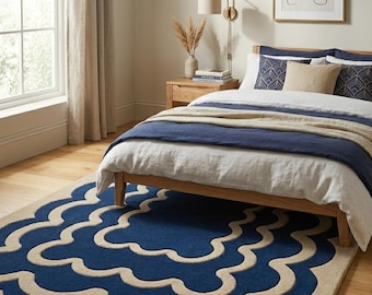 Blue Scalloped Wool Area Rug | Hand Tufted Wool | Living Room Bedroom Rug | Modern Coastal Minimalist Decor 10 x14 custom size.