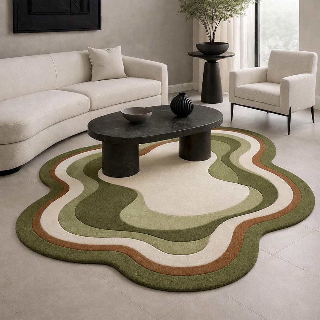 Hand Tufted Organic Shape Wool Rug, Modern Abstract Green Beige Area ...