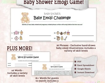 Pacote de Jogos para Chá de Bebê para Imprimir | Desafio de Emojis de Bebê, Caça-Palavras e Palavras Embaralhadas | PDF, Excel Editável e Planilhas Google